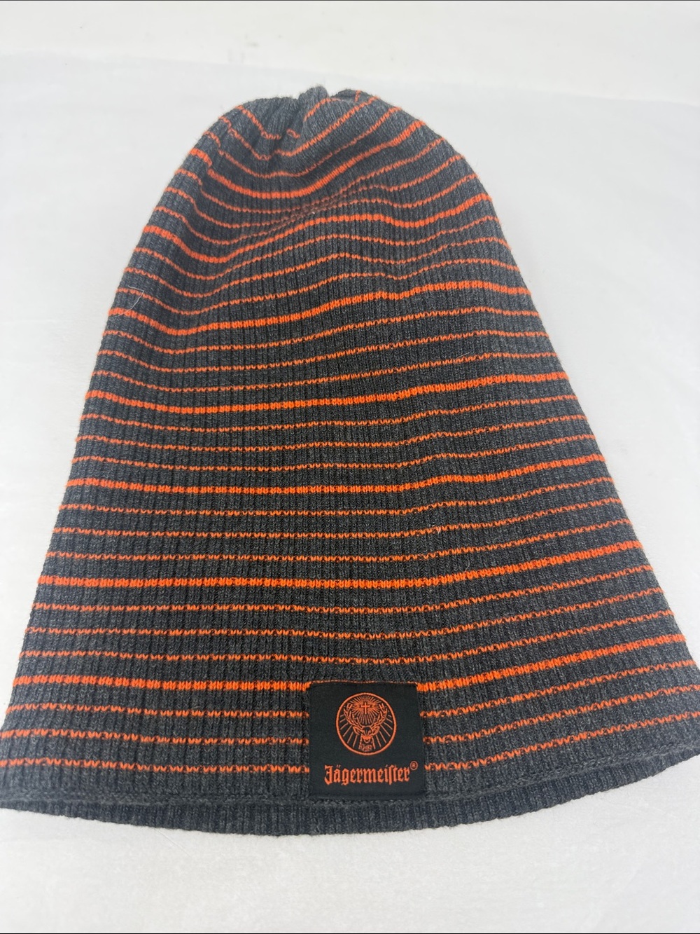 Jägermeister Gray Orange Striped Beanie Knit Skull Cap Stretch Hat Alcohol Merch
